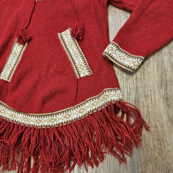 Onofre Saez Alpaca Sweater Womens S Red Hooded Fringe Western Boho Cottage - Picture 4 of 8